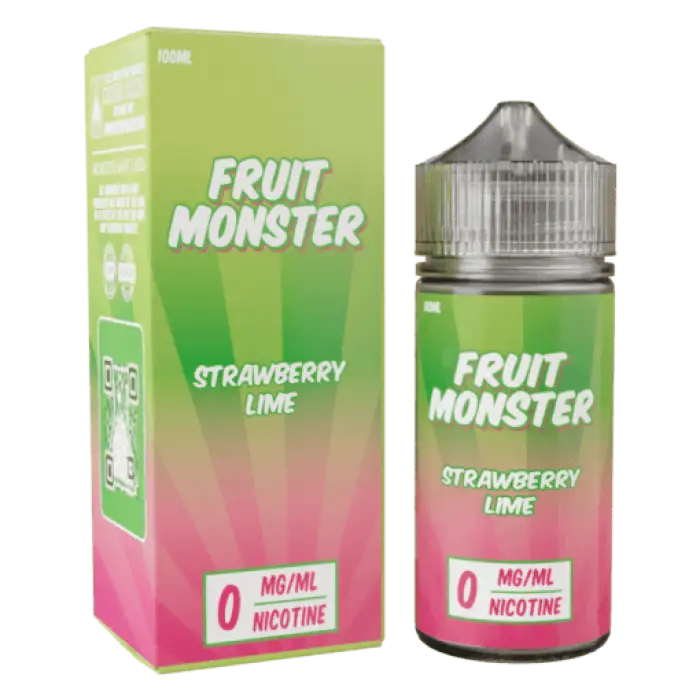 E-liquid bottle and packaging for ’Fruit Monster’ strawberry lime flavor with 0mg nicotine.