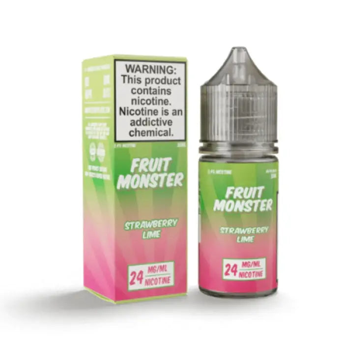 E-liquid bottle and packaging for ’Fruit Monster’ vape juice in strawberry lime flavor.