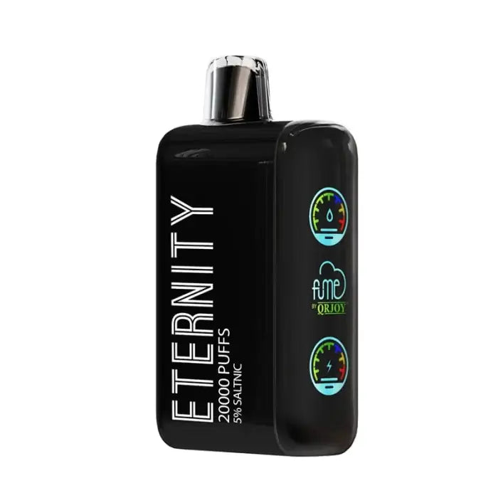 Black bottle or container labeled ’Eternity’ with colorful circular icons on the side.