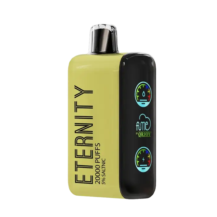 Yellow and black plastic bottles labeled ’Eternity’ with a digital display on the black portion.