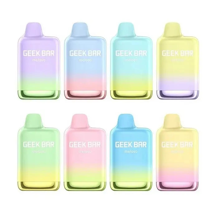 Colorful gradient bottles labeled ’Geek Bar’ in pastel hues.