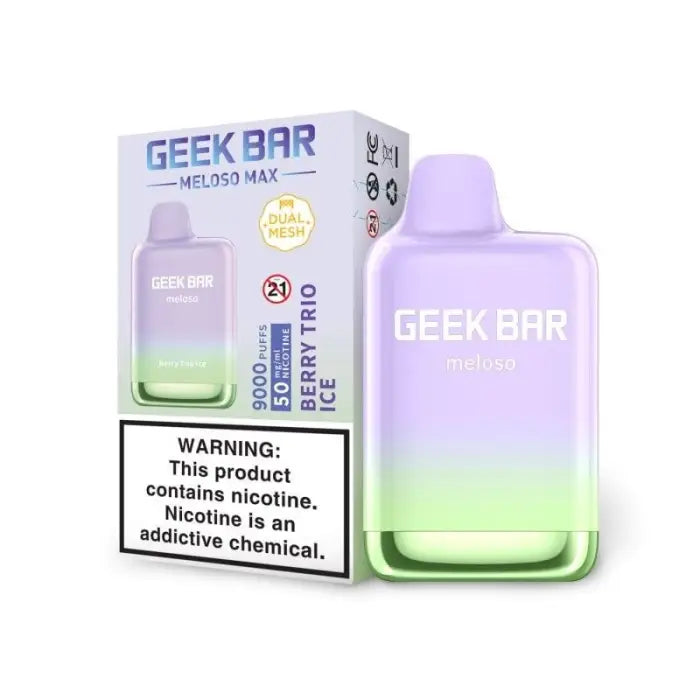 Disposable e-cigarette device called ’Geek Bar’ with purple and green gradient coloring.