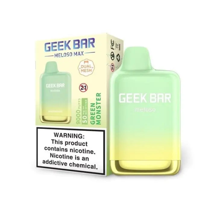 Disposable e-cigarette device called ’Geek Bar’ in green and yellow gradient packaging.