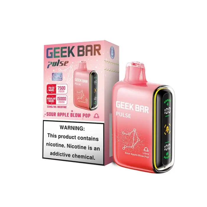 Pink electronic vaping device with its packaging labeled ’Geek Bar Pulse’.