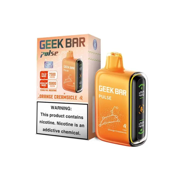 Disposable electronic cigarette device with orange packaging labeled ’Geek Bar Pulse’.