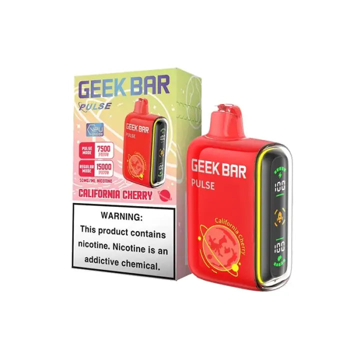 Disposable electronic cigarette device called ’Geek Bar Pulse’ in red with a digital display.