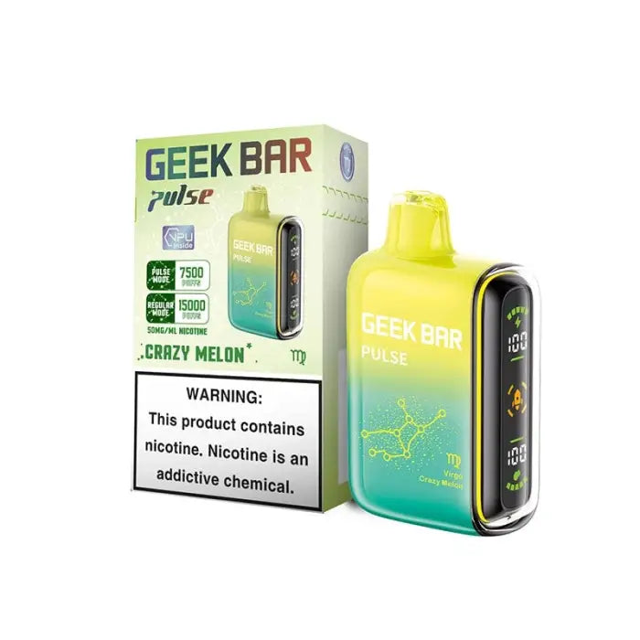 Disposable vape device called ’Geek Bar’ in yellow and teal gradient colors with its packaging.