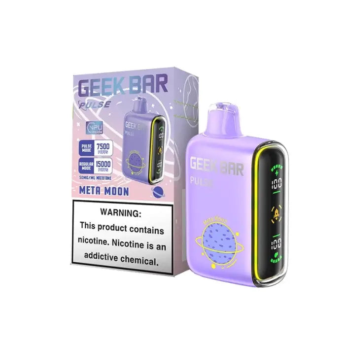 Purple electronic vaping device with a digital display and moon graphic.