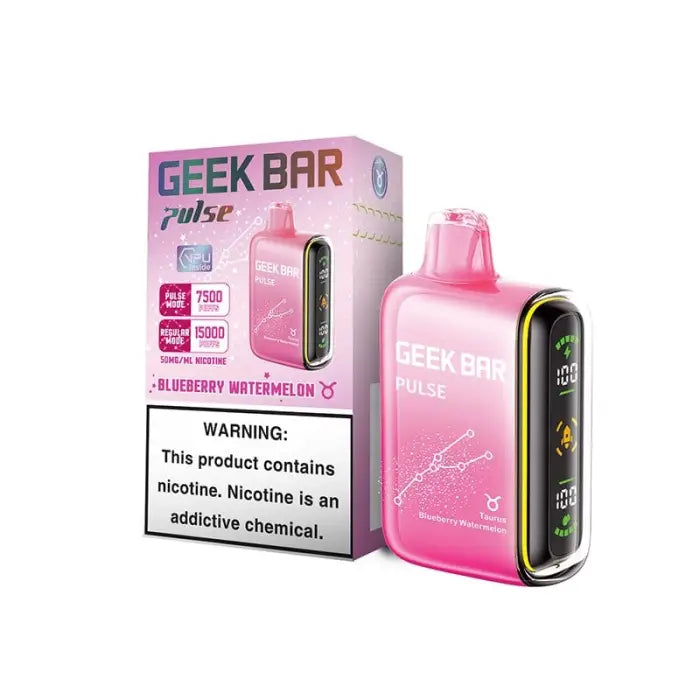 Pink electronic vaping device with ’Geek Bar’ branding and a digital display.