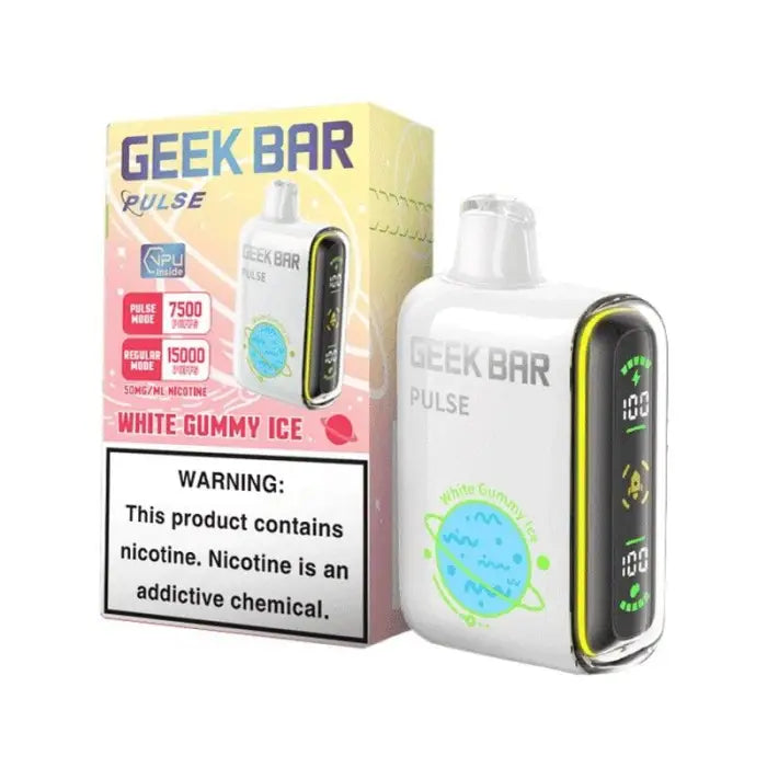 Disposable electronic cigarette device called ’Geek Bar Pulse’ with its packaging.