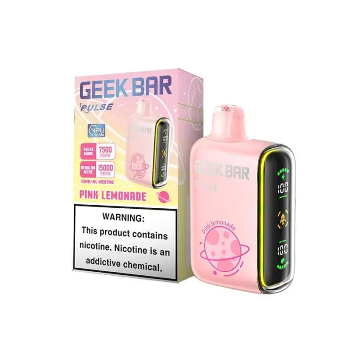 Pink electronic vaping device with a display screen and its packaging labeled ’Geek Bar Pulse’ in pink lemonade flavor.