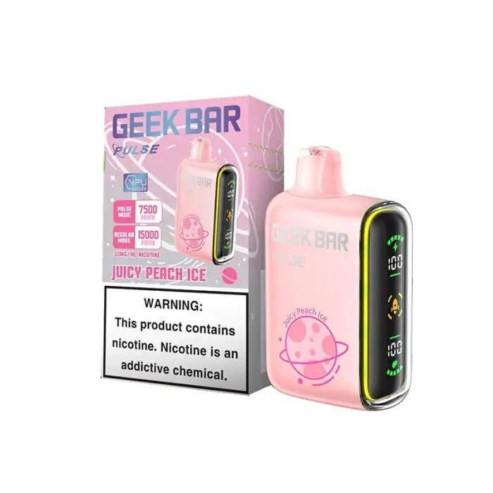 Pink electronic vaping device with a digital display and its packaging labeled ’Geek Bar’.