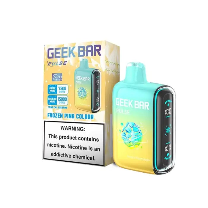 Disposable e-cigarette device with ’Geek Bar’ branding in yellow and teal packaging.