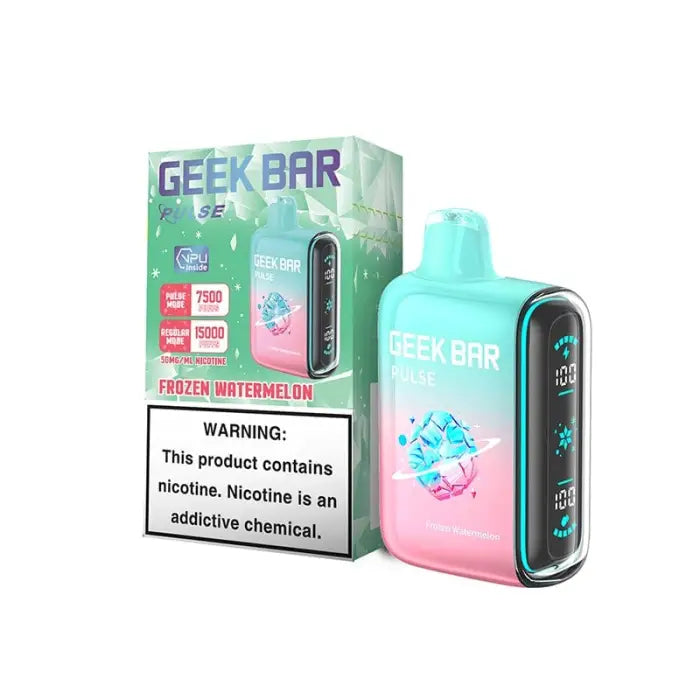 Disposable e-cigarette device with a turquoise and pink gradient design, labeled ’Geek Bar’ and featuring watermelon flavor.