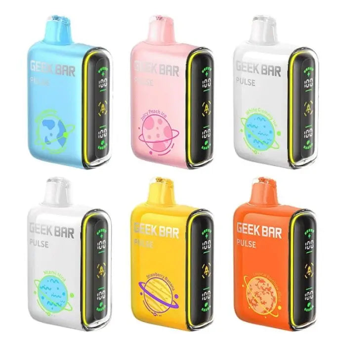 Colorful electronic vaping devices with planet-themed designs and digital displays.