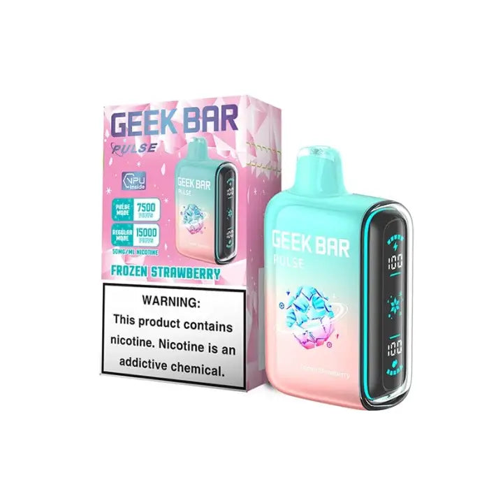 Disposable vape device with pink and teal gradient coloring, labeled ’Geek Bar’ and featuring a flavor called ’Frozen Strawberry.’