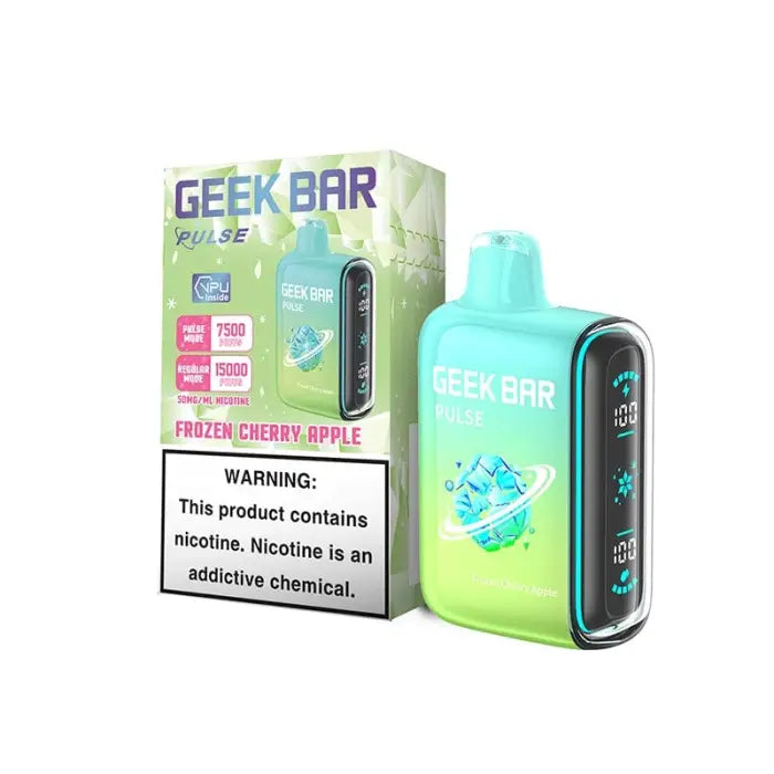 Disposable e-cigarette device called ’Geek Bar’ in turquoise color with its packaging.