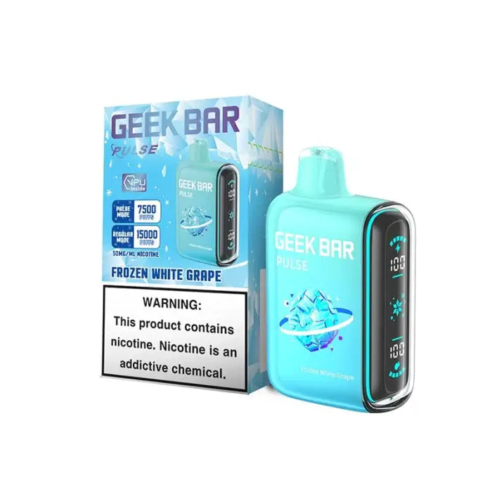 Disposable e-cigarette device in light blue color with ’Geek Bar’ branding.