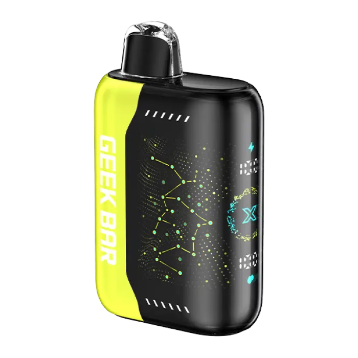 Compact electronic vaping device with a black and yellow color scheme featuring constellation-like graphics.