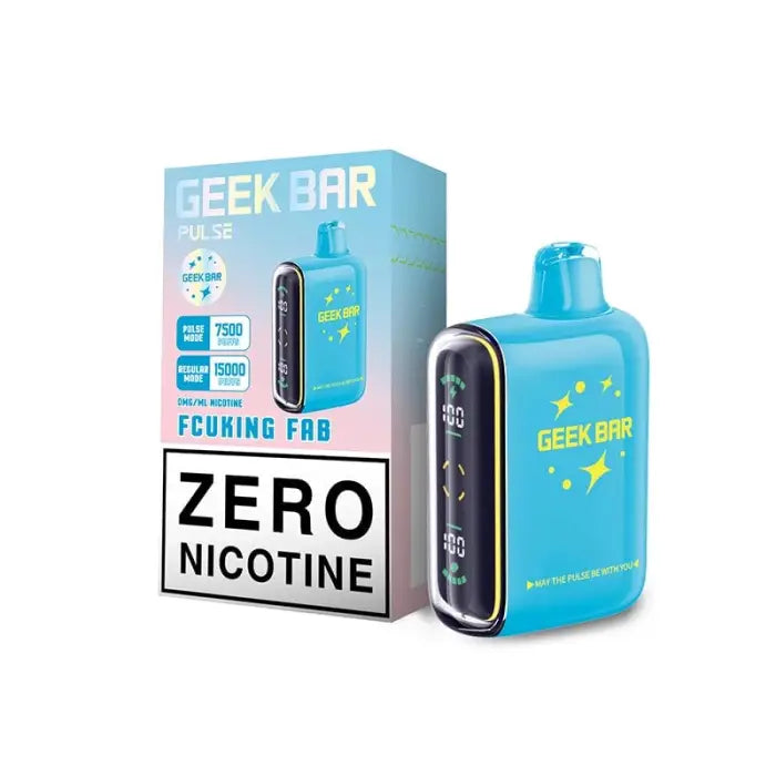 Disposable electronic cigarette device with blue packaging labeled ’Geek Bar’ and ’Zero Nicotine’.