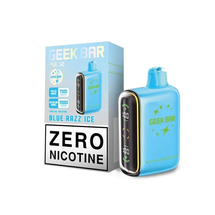 Blue electronic vaping device with its packaging labeled ’Geek Bar’ and ’Zero Nicotine’.