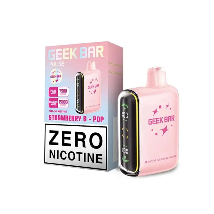 Pink electronic vaping device with a matching product box advertising ’Zero Nicotine’ and ’Strawberry B-Pop’ flavor.