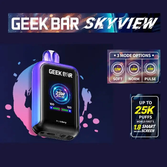 Electronic vaping device with a digital display and ’Geek Bar’ branding.