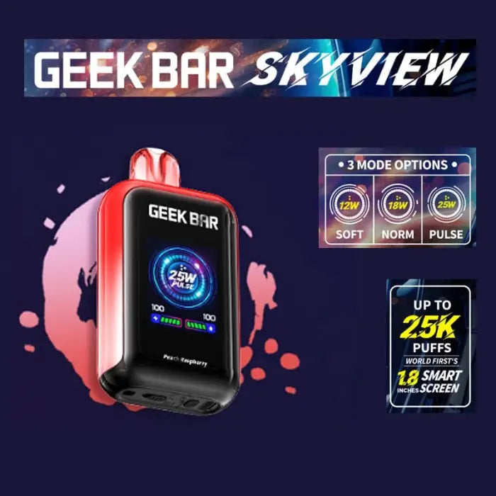 Electronic vaping device with a digital display and colorful background graphics.