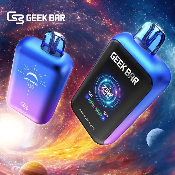 Futuristic electronic vaping devices with ’Geek Bar’ branding and colorful gradient finishes.