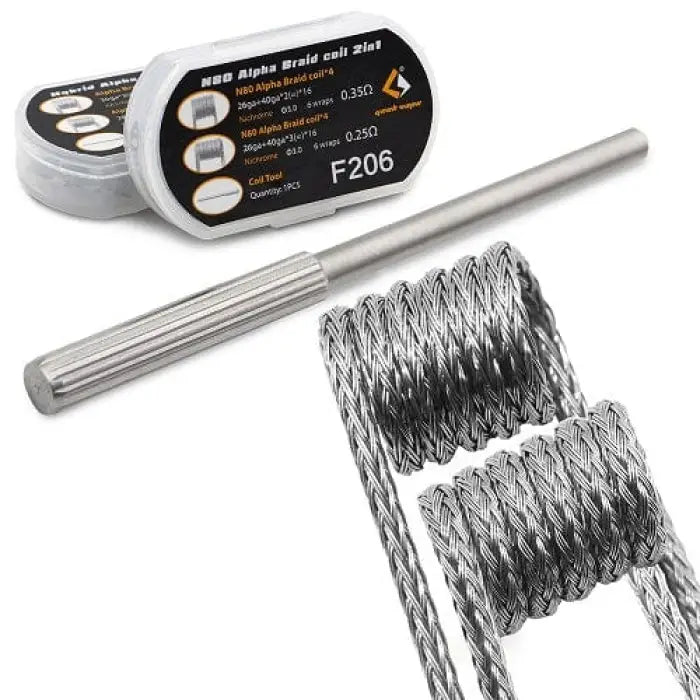 Coiled wire or metal mesh alongside a cylindrical rod and a labeled container.