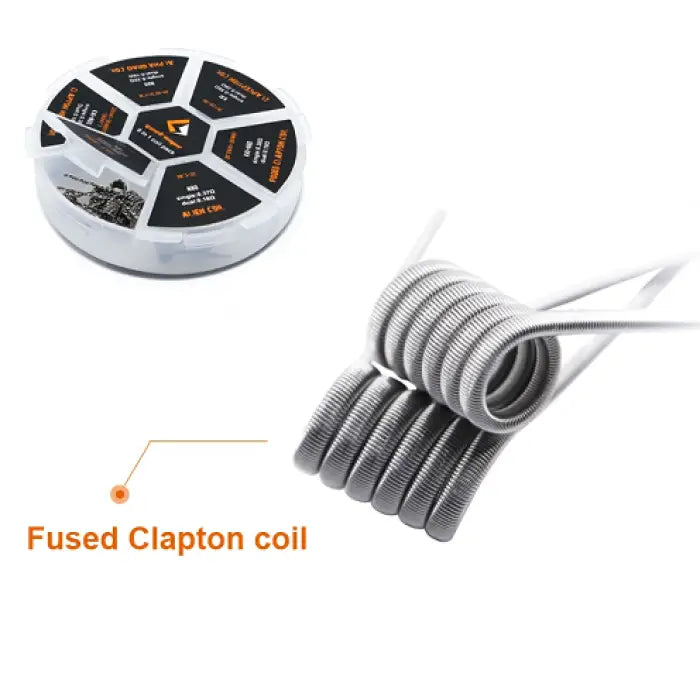 Circular container with compartments holding various coils, including a fused Clapton coil shown separately.