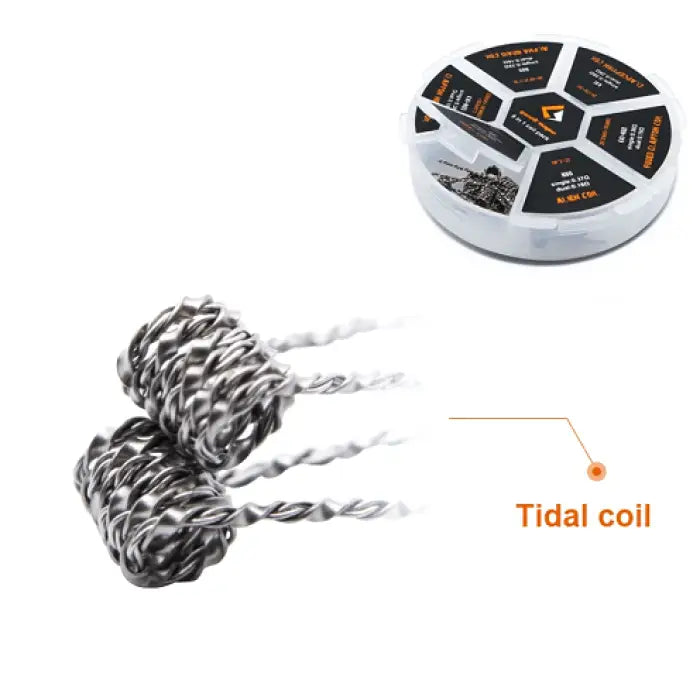 Twisted black and white wire coils labeled as ’Tidal coil’ with a circular container of various coils shown partially in the background.