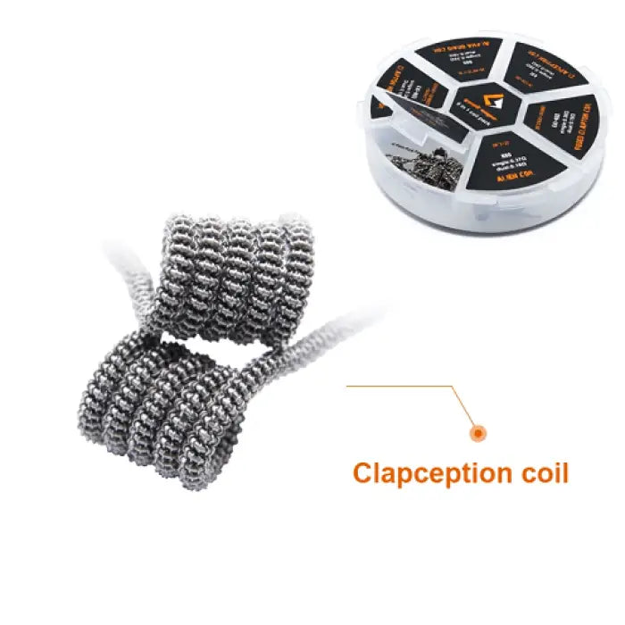 Coiled metal wire labeled as ’Clapception coil’ with a circular container of various coils shown above.