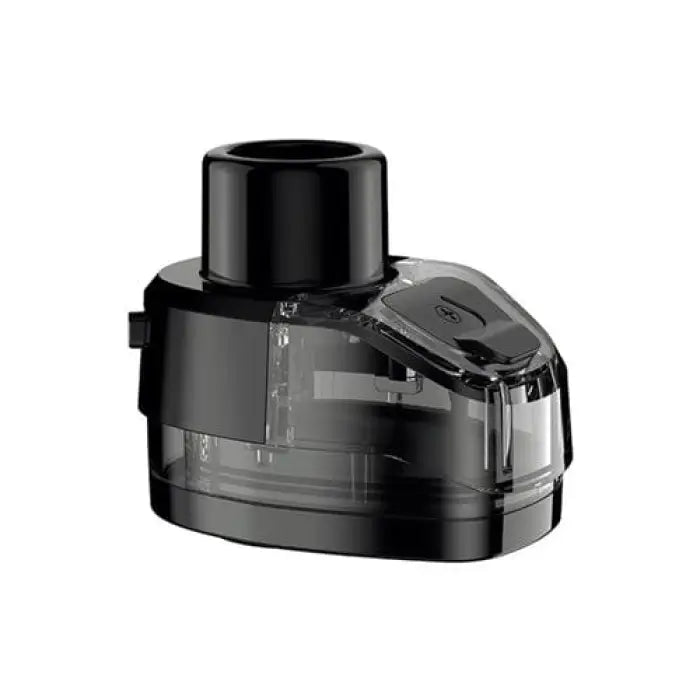 Replacement pod or cartridge for a vaping device, with a black body and clear viewing window.