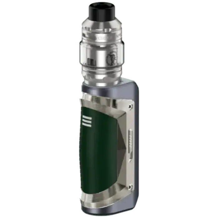 Electronic vaping device with a metallic body and green grip section.