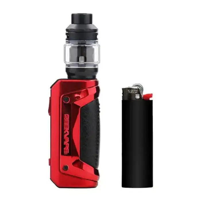 Red and black electronic vaping device with a detachable tank and a separate lighter beside it.