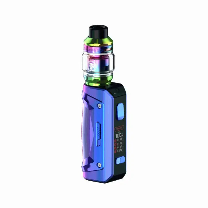 Colorful electronic vaping device with a digital display and tank attachment.