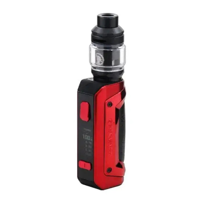 Electronic vaping device with a red and black body and a clear tank on top.