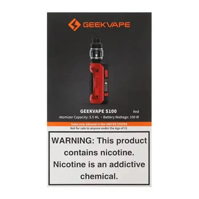 Red electronic vaping device with a display screen and tank attachment.