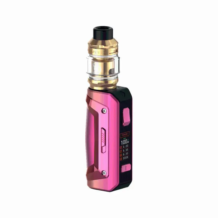 Pink and black electronic vaping device with a digital display and metallic tank.