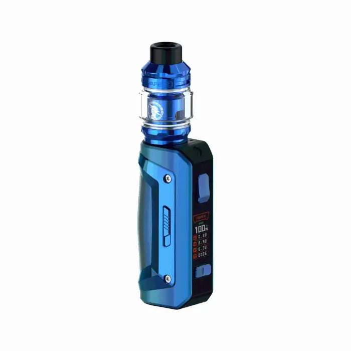 Blue electronic vaping device with a digital display and refillable tank.