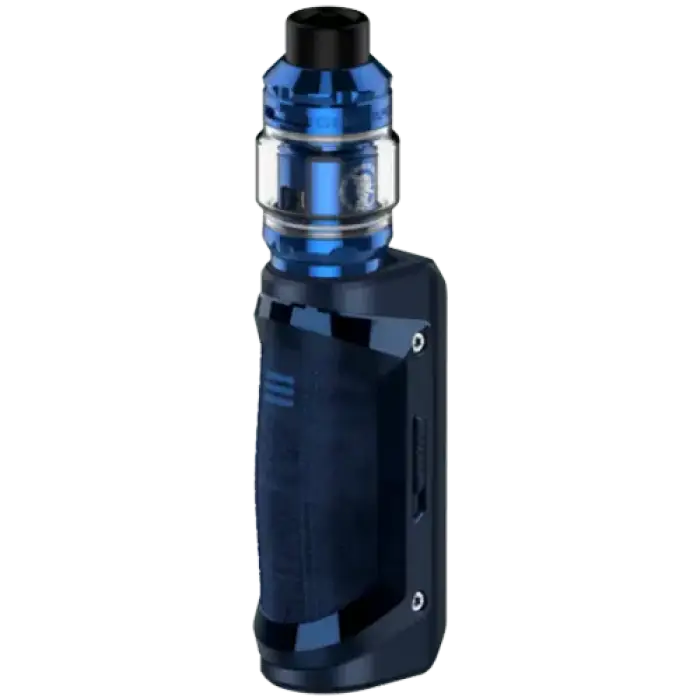 Electronic vaping device with a blue and black color scheme.