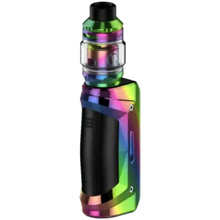 Colorful electronic vaping device with a rainbow metallic finish.