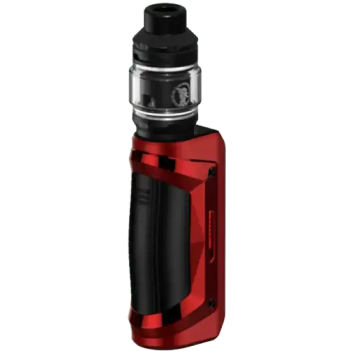 Electronic vaping device with a red and black body and a metallic tank section on top.