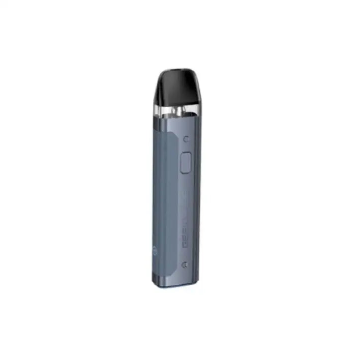 Sleek, cylindrical electronic vaping device in metallic gray with a black mouthpiece.