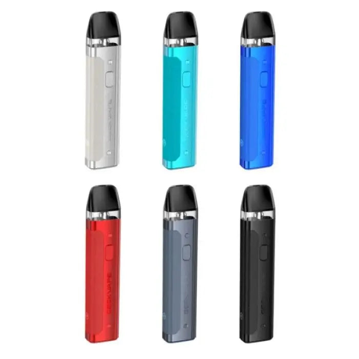 Colorful electronic vaping devices or e-cigarettes in various metallic finishes.