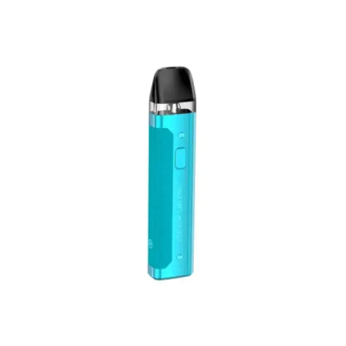 Turquoise electronic vaping device with a black mouthpiece.