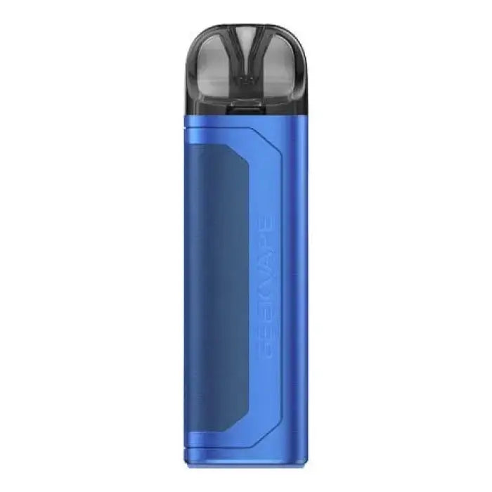 Blue electronic vaping device with a black mouthpiece.