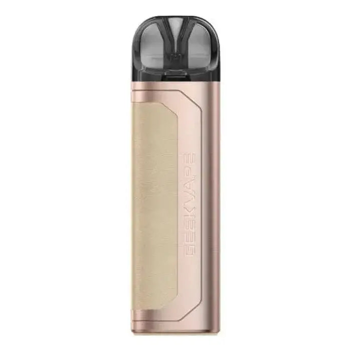 Sleek electronic vaping device with a gold and rose gold metallic body and dark translucent mouthpiece.