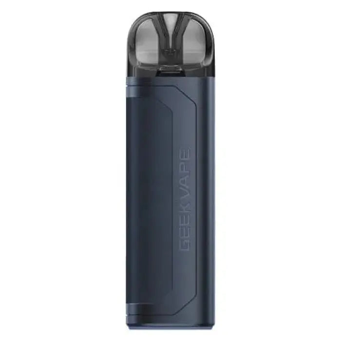 Sleek, dark blue electronic vaping device with a transparent mouthpiece.